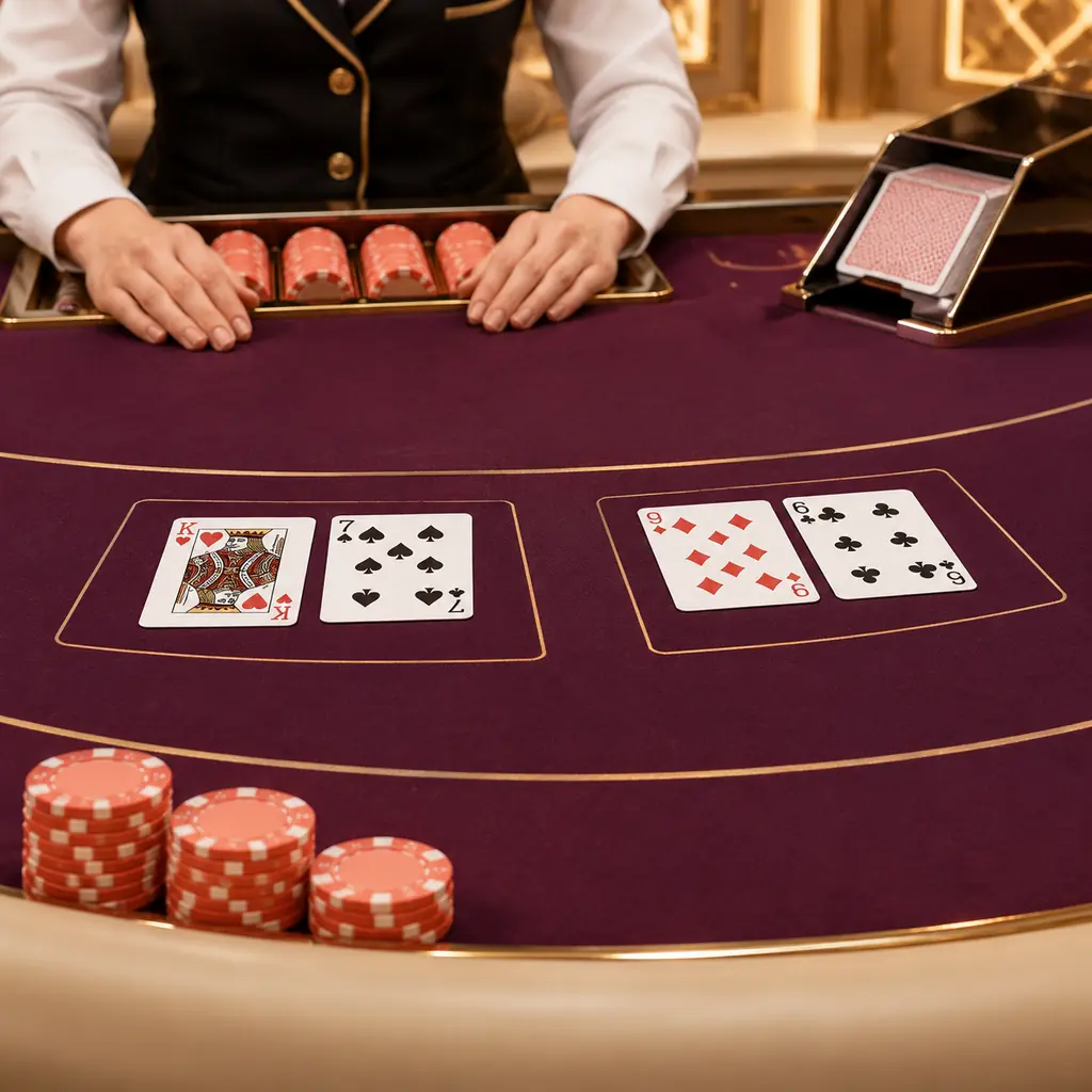 Meja baccarat dengan dua kelompok kartu dan chip netral