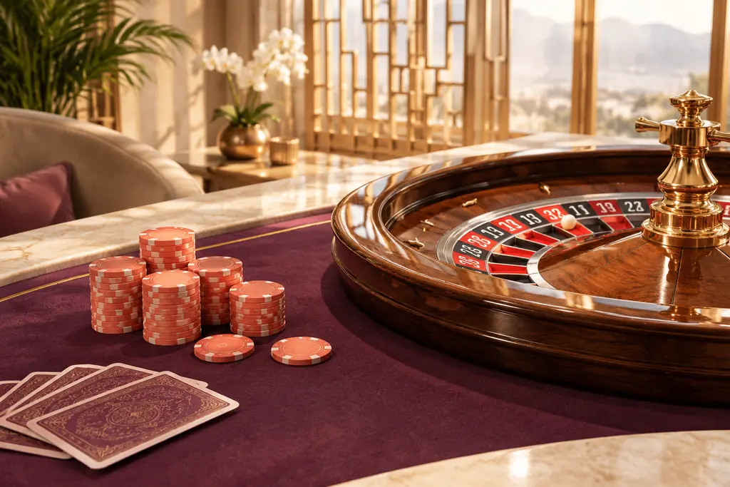 Komposisi meja kartu dan roda roulette dengan bahan kayu serta warna koral