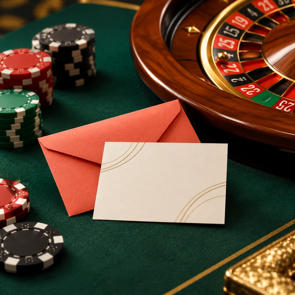 Kartu catatan dan amplop di tepi meja roulette kasino