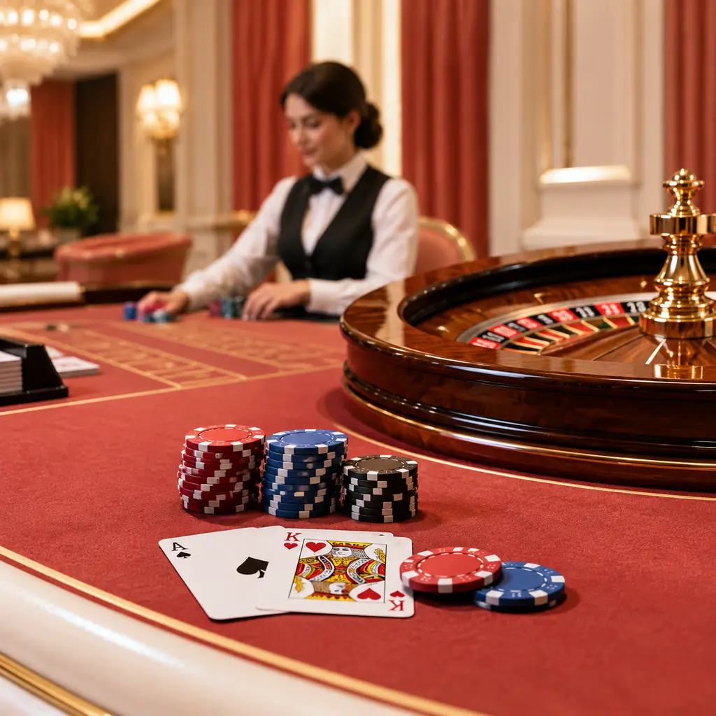 Meja kasino live dengan kartu, roda roulette dan dealer dewasa di latar