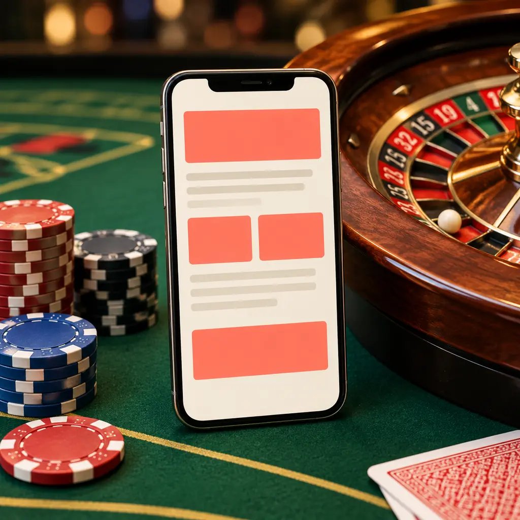 Ponsel dengan tata letak halaman sederhana di samping chip kasino