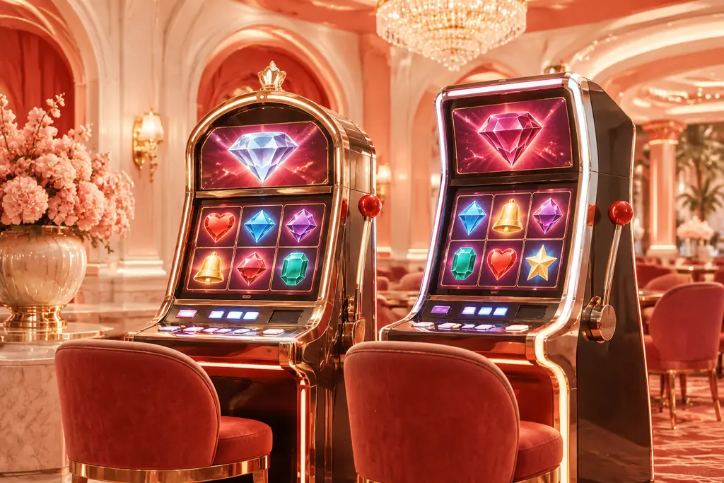Deretan mesin slot bertema permata dengan cahaya koral