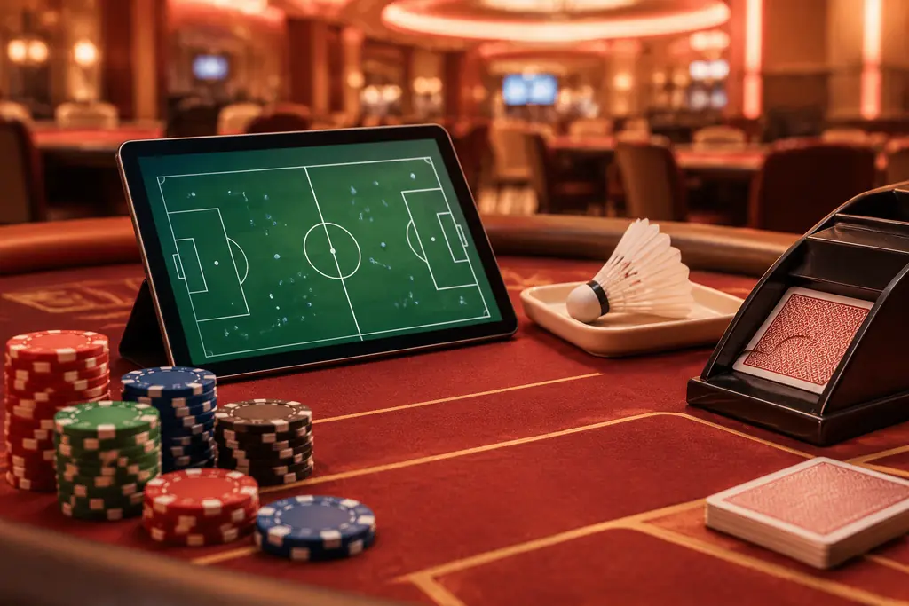 Tablet dan papan strategi olahraga di meja sportsbook kasino