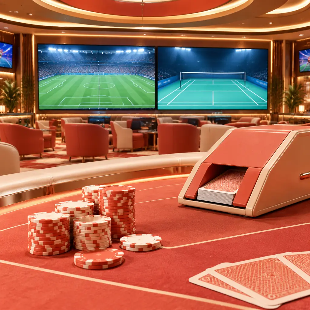Layar pertandingan olahraga pada ruang sportsbook dengan meja dan chip kasino